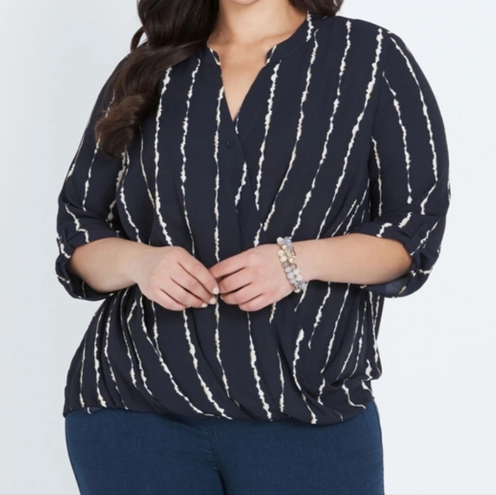 Bloomchic Stripe Crossover Snap Closure Half Sleeve Blouson Top